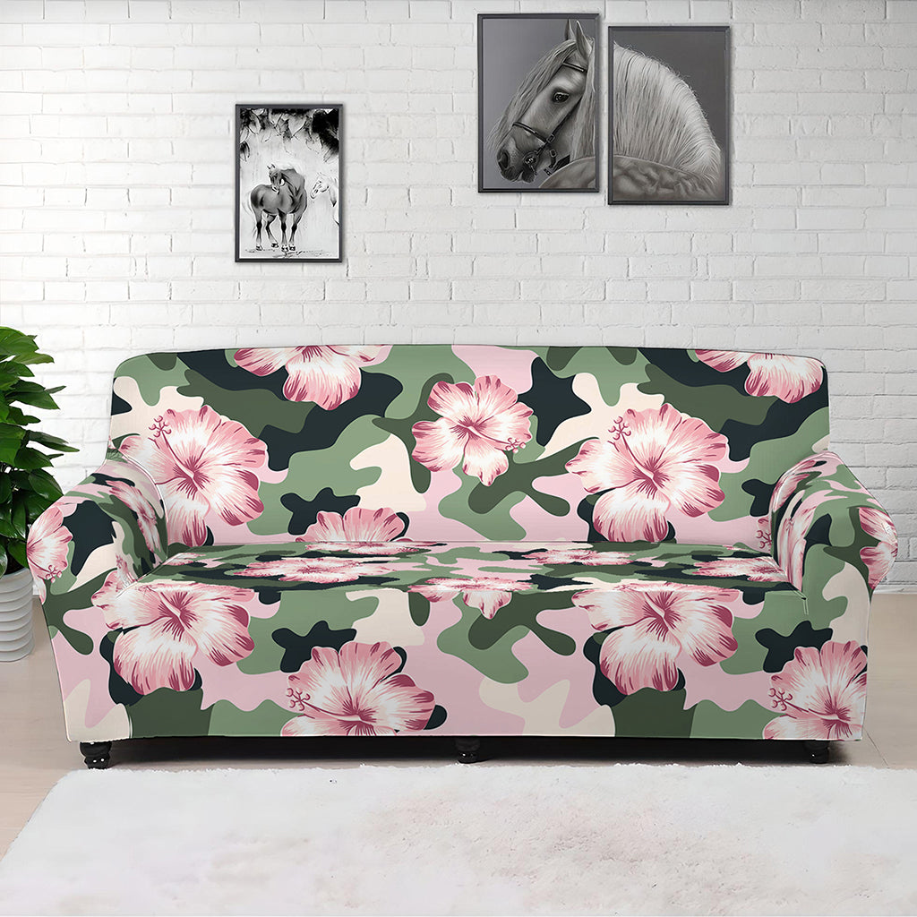 Pink Hibiscus Flower Camouflage Print Sofa Cover