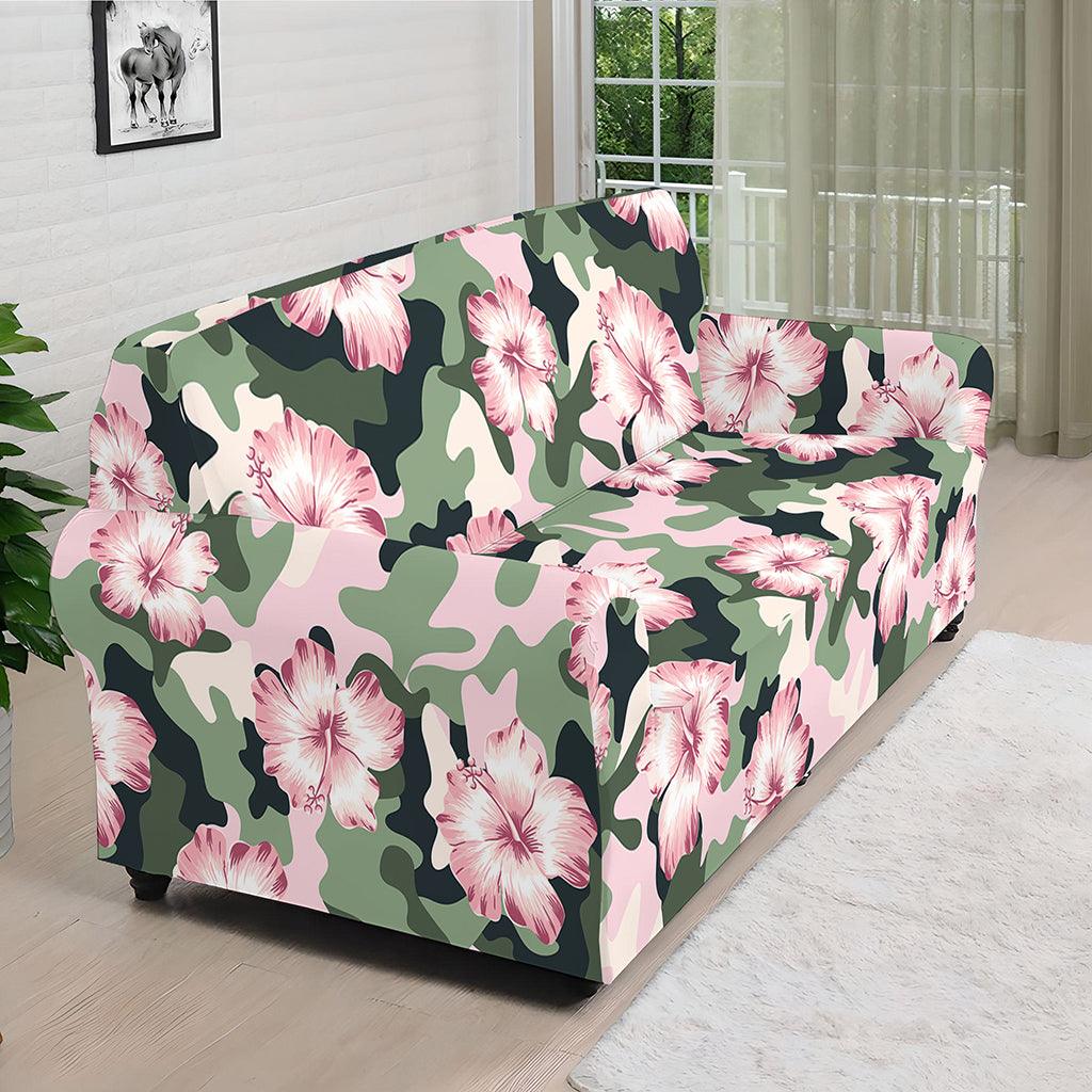 Pink Hibiscus Flower Camouflage Print Sofa Cover