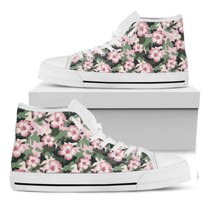 Pink Hibiscus Flower Camouflage Print White High Top Shoes