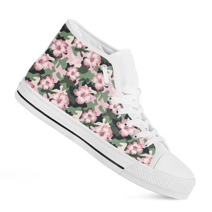Pink Hibiscus Flower Camouflage Print White High Top Shoes