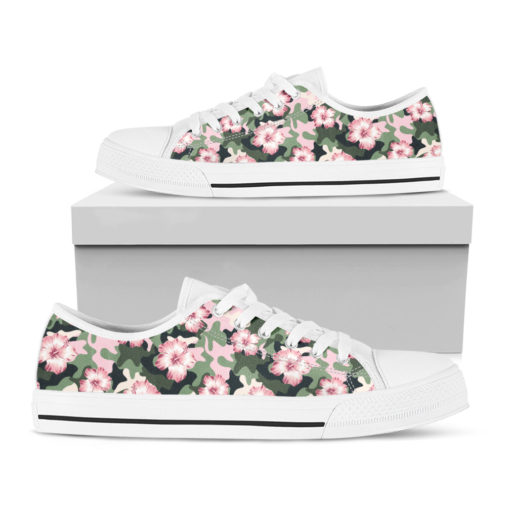 Pink Hibiscus Flower Camouflage Print White Low Top Shoes