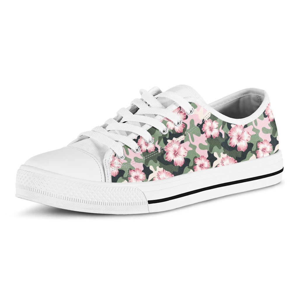 Pink Hibiscus Flower Camouflage Print White Low Top Shoes