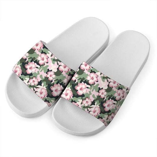 Pink Hibiscus Flower Camouflage Print White Slide Sandals