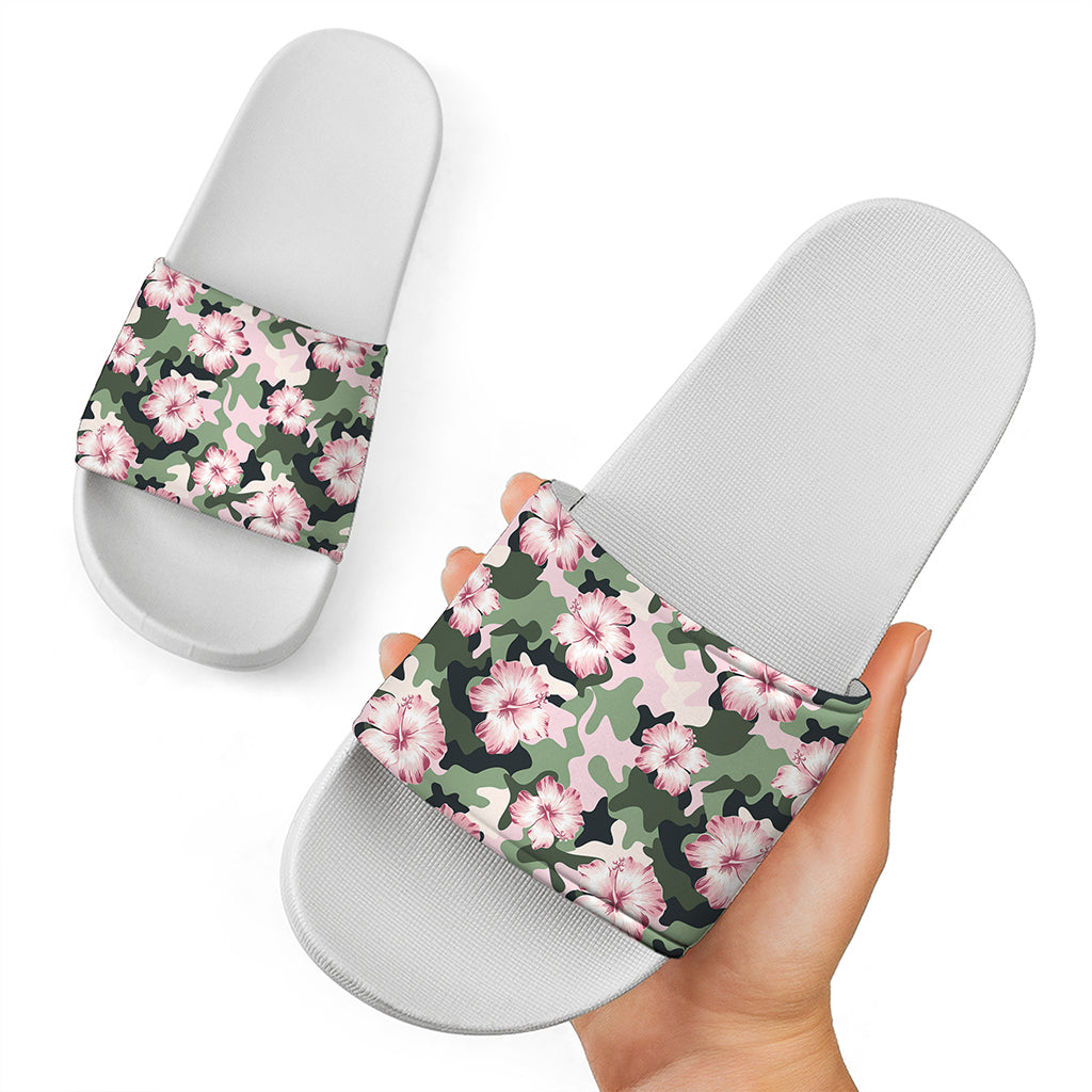 Pink Hibiscus Flower Camouflage Print White Slide Sandals