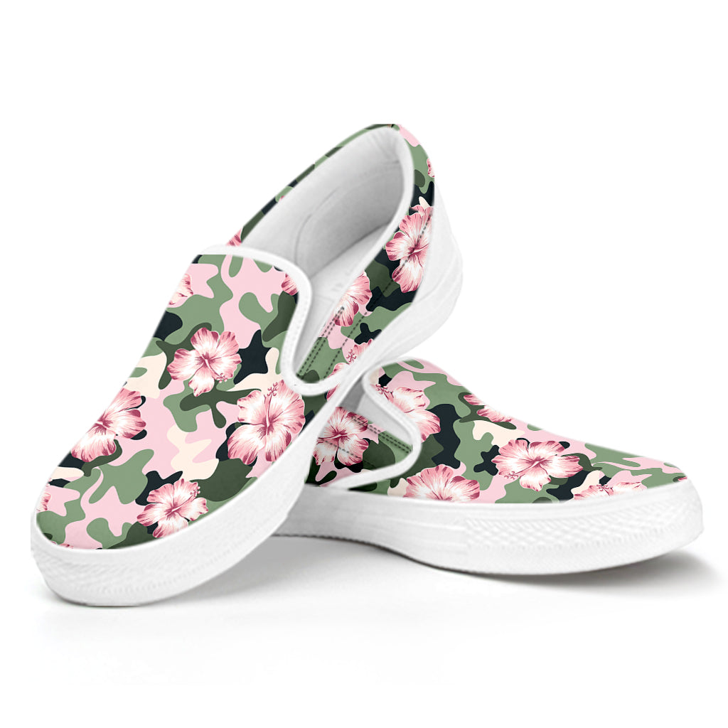 Pink Hibiscus Flower Camouflage Print White Slip On Shoes