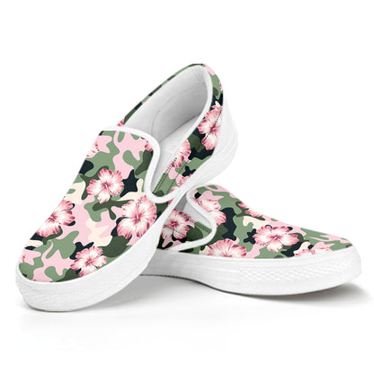 Pink Hibiscus Flower Camouflage Print White Slip On Shoes