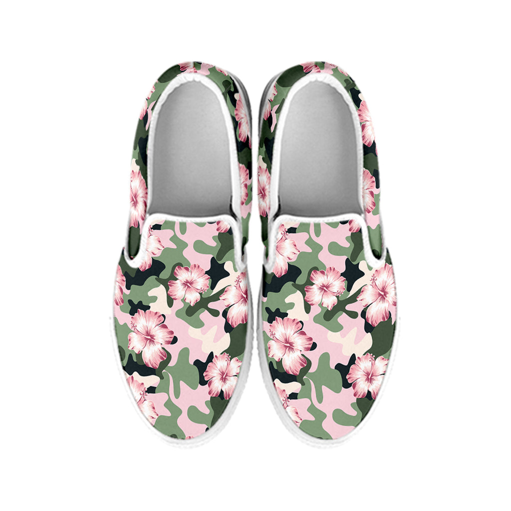 Pink Hibiscus Flower Camouflage Print White Slip On Shoes