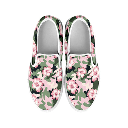 Pink Hibiscus Flower Camouflage Print White Slip On Shoes