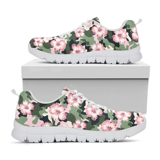 Pink Hibiscus Flower Camouflage Print White Sneakers