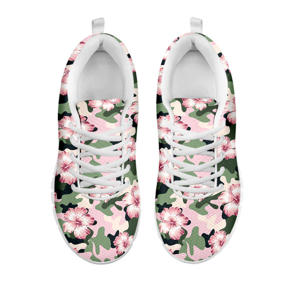Pink Hibiscus Flower Camouflage Print White Sneakers