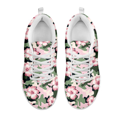 Pink Hibiscus Flower Camouflage Print White Sneakers