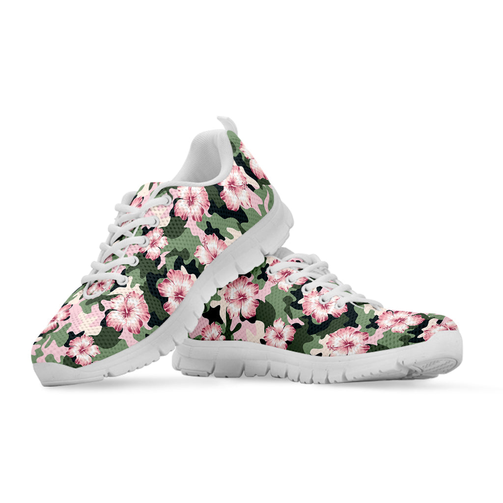 Pink Hibiscus Flower Camouflage Print White Sneakers