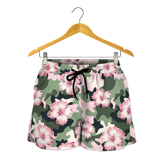 Pink Hibiscus Flower Camouflage Print Women's Shorts