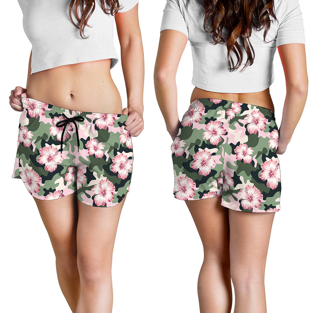 Pink Hibiscus Flower Camouflage Print Women's Shorts