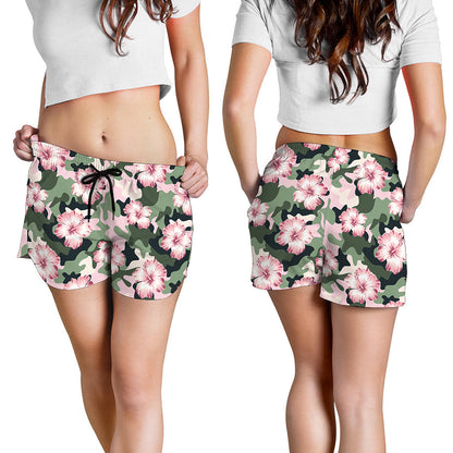 Pink Hibiscus Flower Camouflage Print Women's Shorts