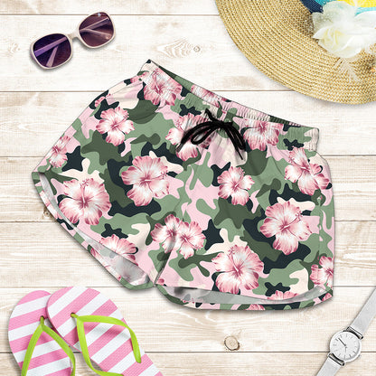 Pink Hibiscus Flower Camouflage Print Women's Shorts