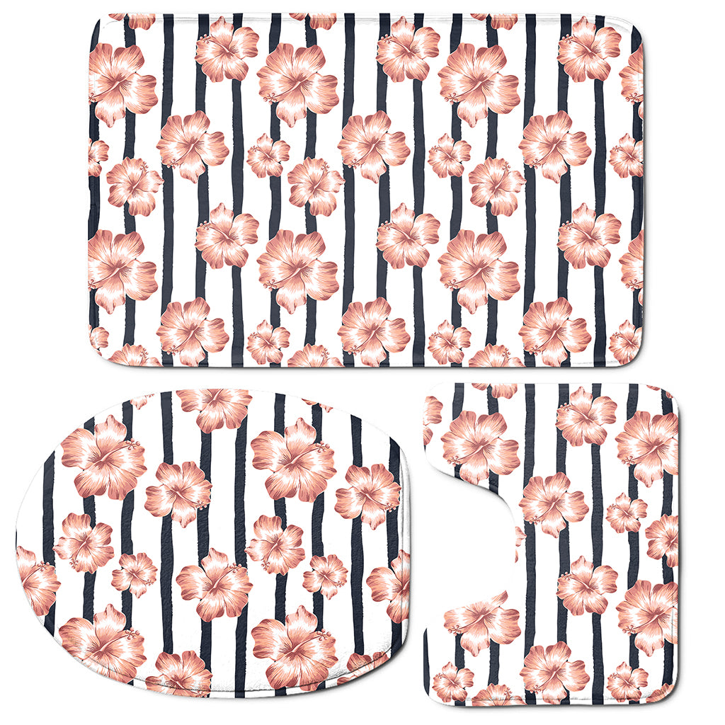 Pink Hibiscus Striped Pattern Print 3 Piece Bath Mat Set