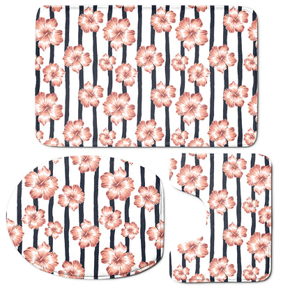 Pink Hibiscus Striped Pattern Print 3 Piece Bath Mat Set