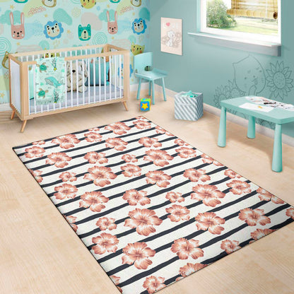 Pink Hibiscus Striped Pattern Print Area Rug