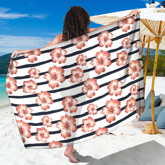 Pink Hibiscus Striped Pattern Print Beach Sarong Wrap