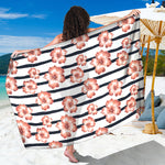 Pink Hibiscus Striped Pattern Print Beach Sarong Wrap