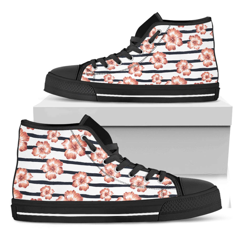 Pink Hibiscus Striped Pattern Print Black High Top Shoes