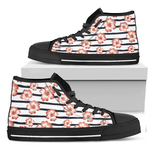 Pink Hibiscus Striped Pattern Print Black High Top Shoes