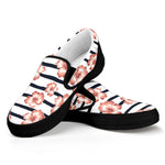 Pink Hibiscus Striped Pattern Print Black Slip On Shoes