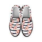 Pink Hibiscus Striped Pattern Print Black Slip On Shoes