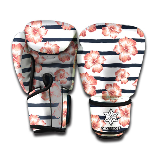 Pink Hibiscus Striped Pattern Print Boxing Gloves