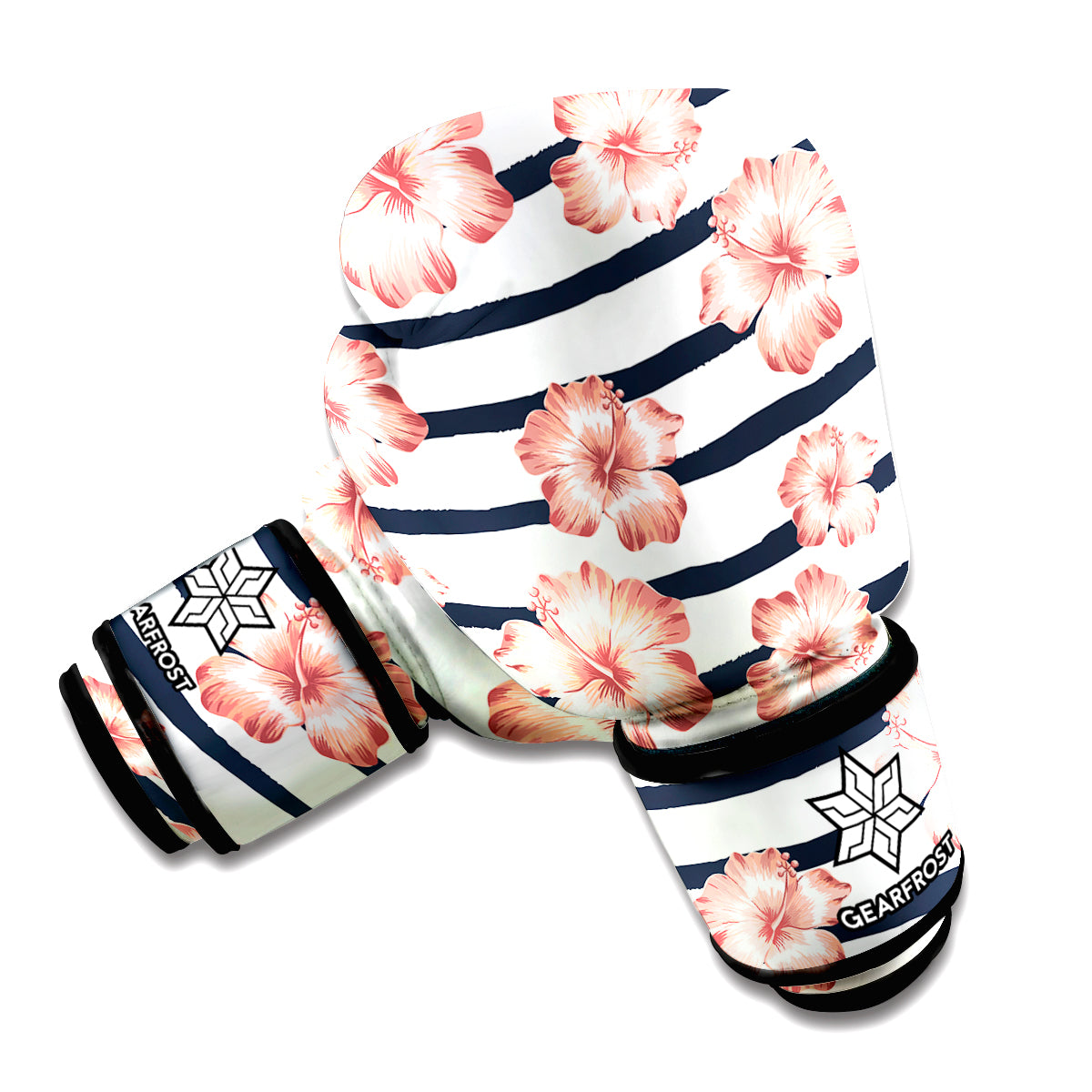 Pink Hibiscus Striped Pattern Print Boxing Gloves