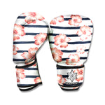 Pink Hibiscus Striped Pattern Print Boxing Gloves