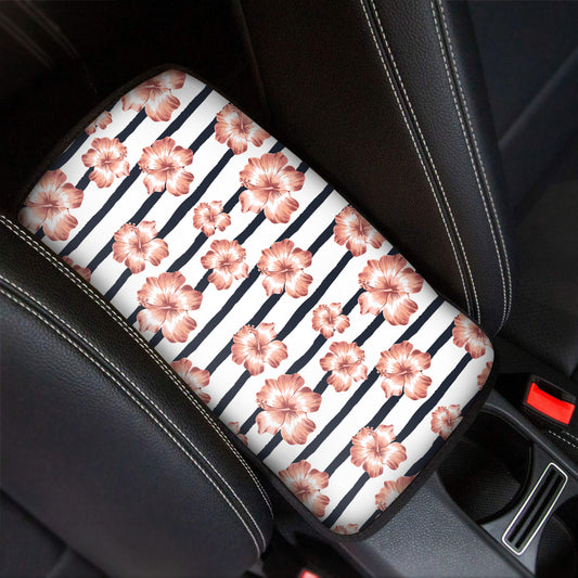 Pink Hibiscus Striped Pattern Print Car Center Console Cover