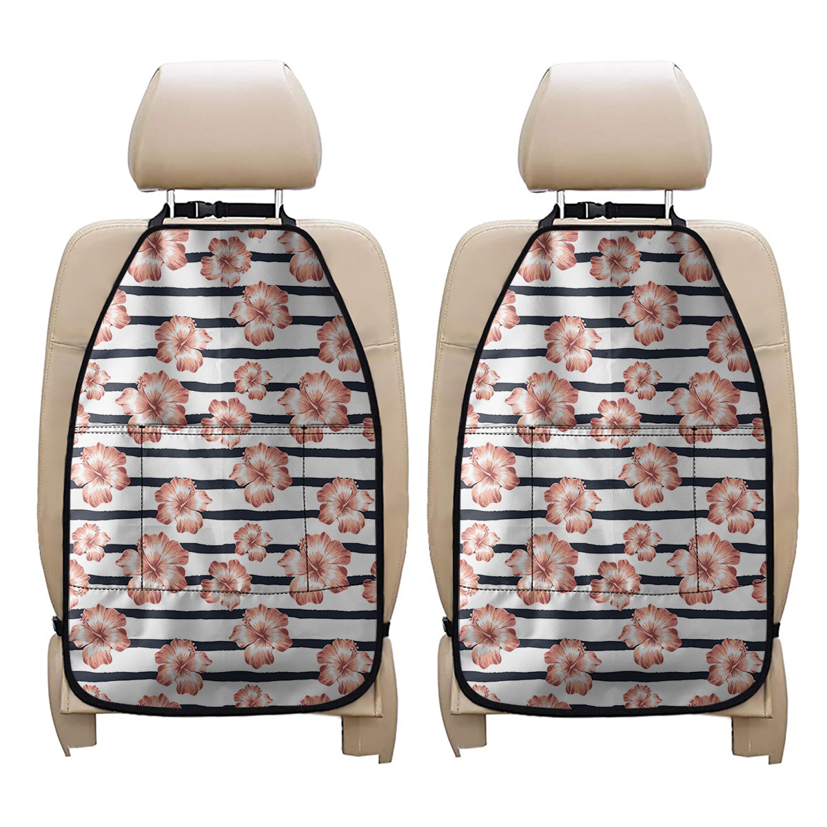 Pink Hibiscus Striped Pattern Print Car Seat Organizers