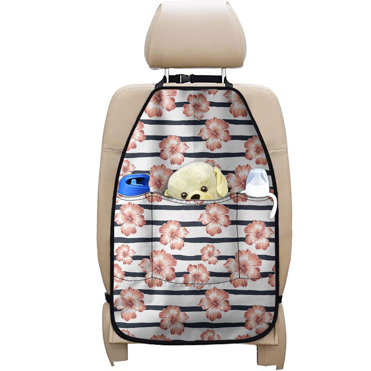 Pink Hibiscus Striped Pattern Print Car Seat Organizers