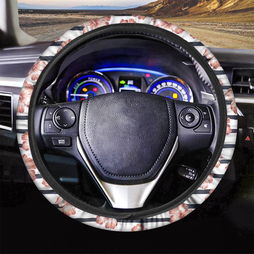 Pink Hibiscus Striped Pattern Print Car Steering Wheel Cover