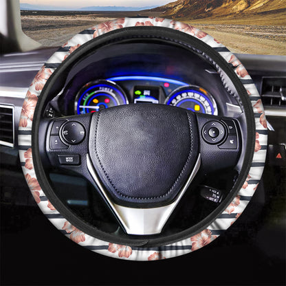 Pink Hibiscus Striped Pattern Print Car Steering Wheel Cover