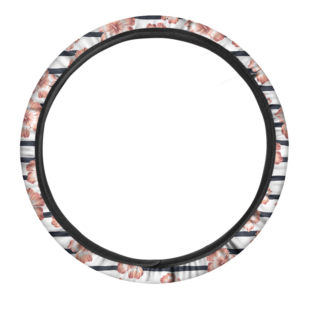 Pink Hibiscus Striped Pattern Print Car Steering Wheel Cover