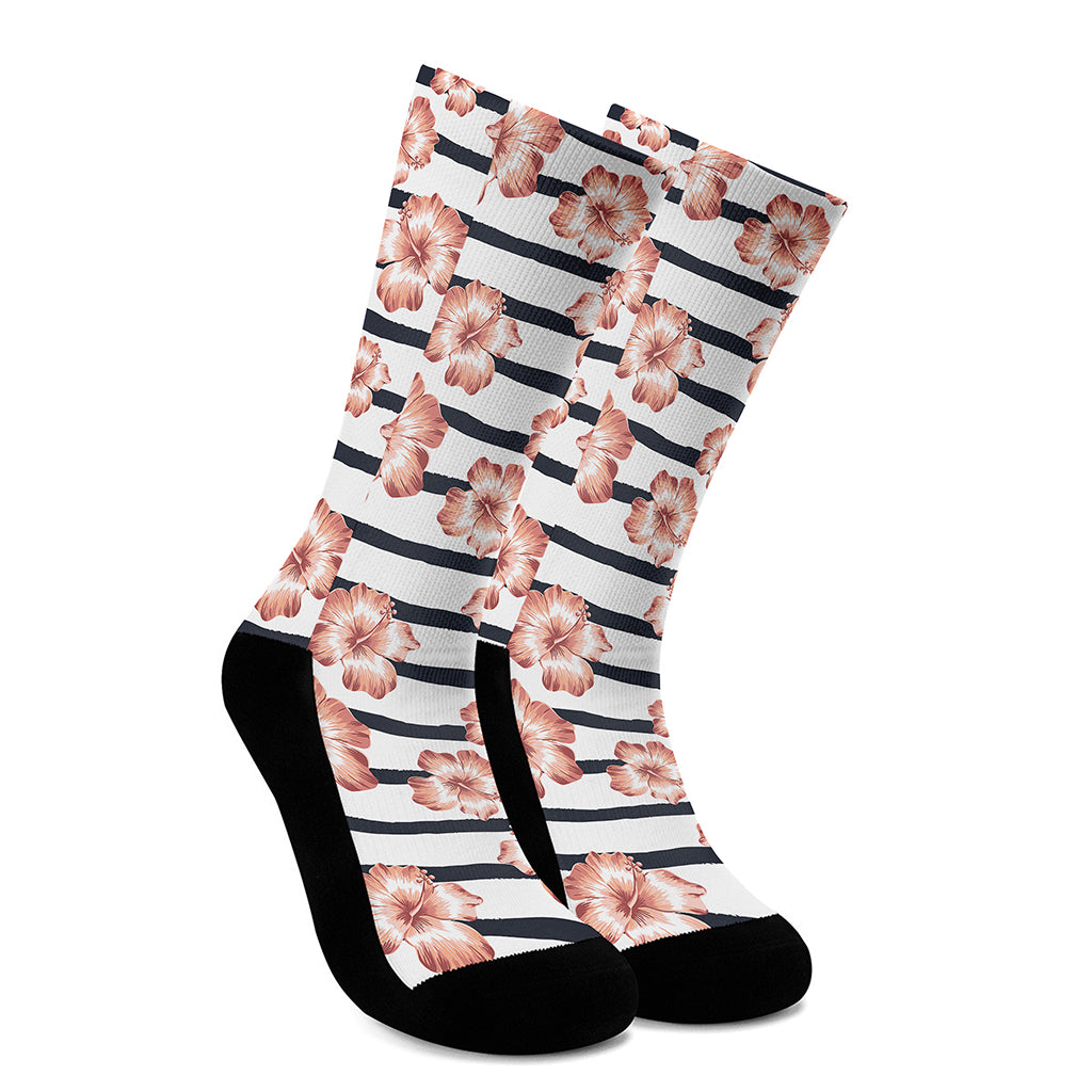 Pink Hibiscus Striped Pattern Print Crew Socks