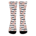 Pink Hibiscus Striped Pattern Print Crew Socks