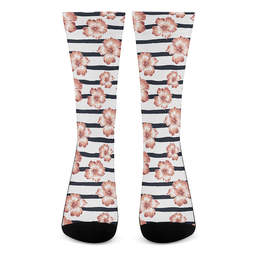 Pink Hibiscus Striped Pattern Print Crew Socks