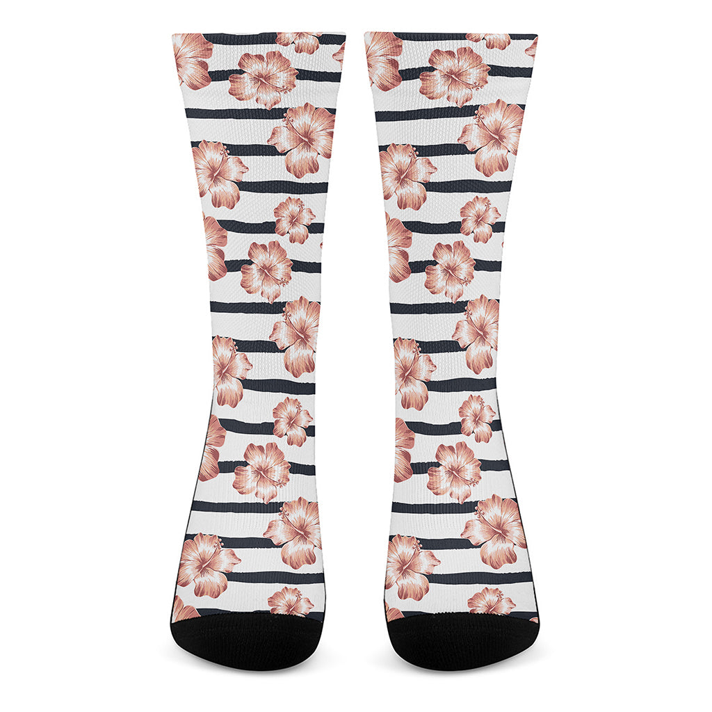 Pink Hibiscus Striped Pattern Print Crew Socks