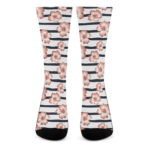 Pink Hibiscus Striped Pattern Print Crew Socks