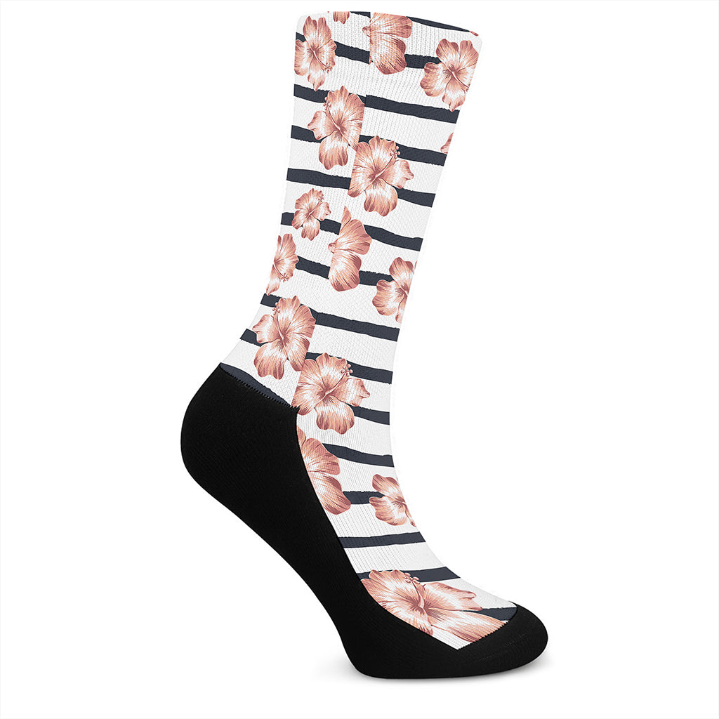 Pink Hibiscus Striped Pattern Print Crew Socks