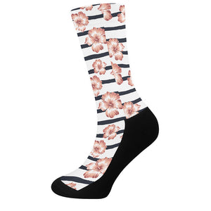 Pink Hibiscus Striped Pattern Print Crew Socks