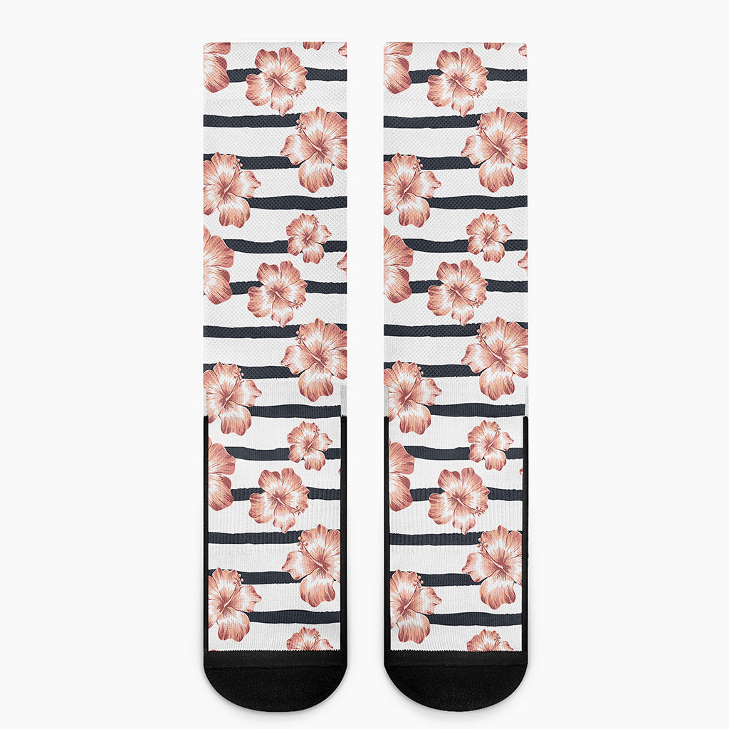 Pink Hibiscus Striped Pattern Print Crew Socks