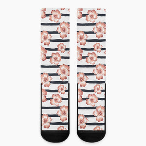 Pink Hibiscus Striped Pattern Print Crew Socks