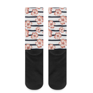 Pink Hibiscus Striped Pattern Print Crew Socks