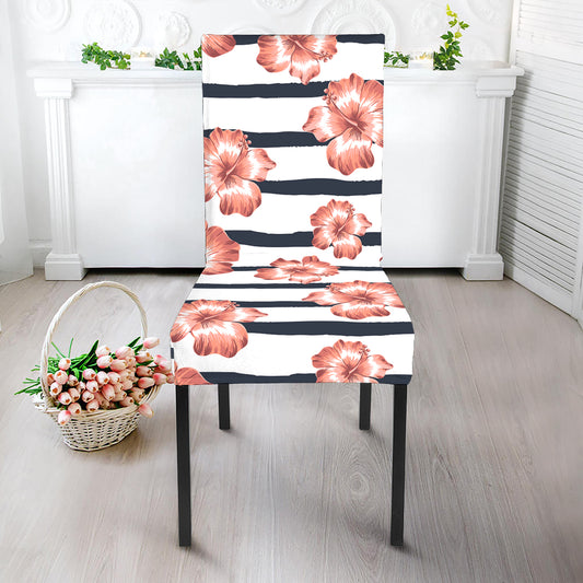 Pink Hibiscus Striped Pattern Print Dining Chair Slipcover