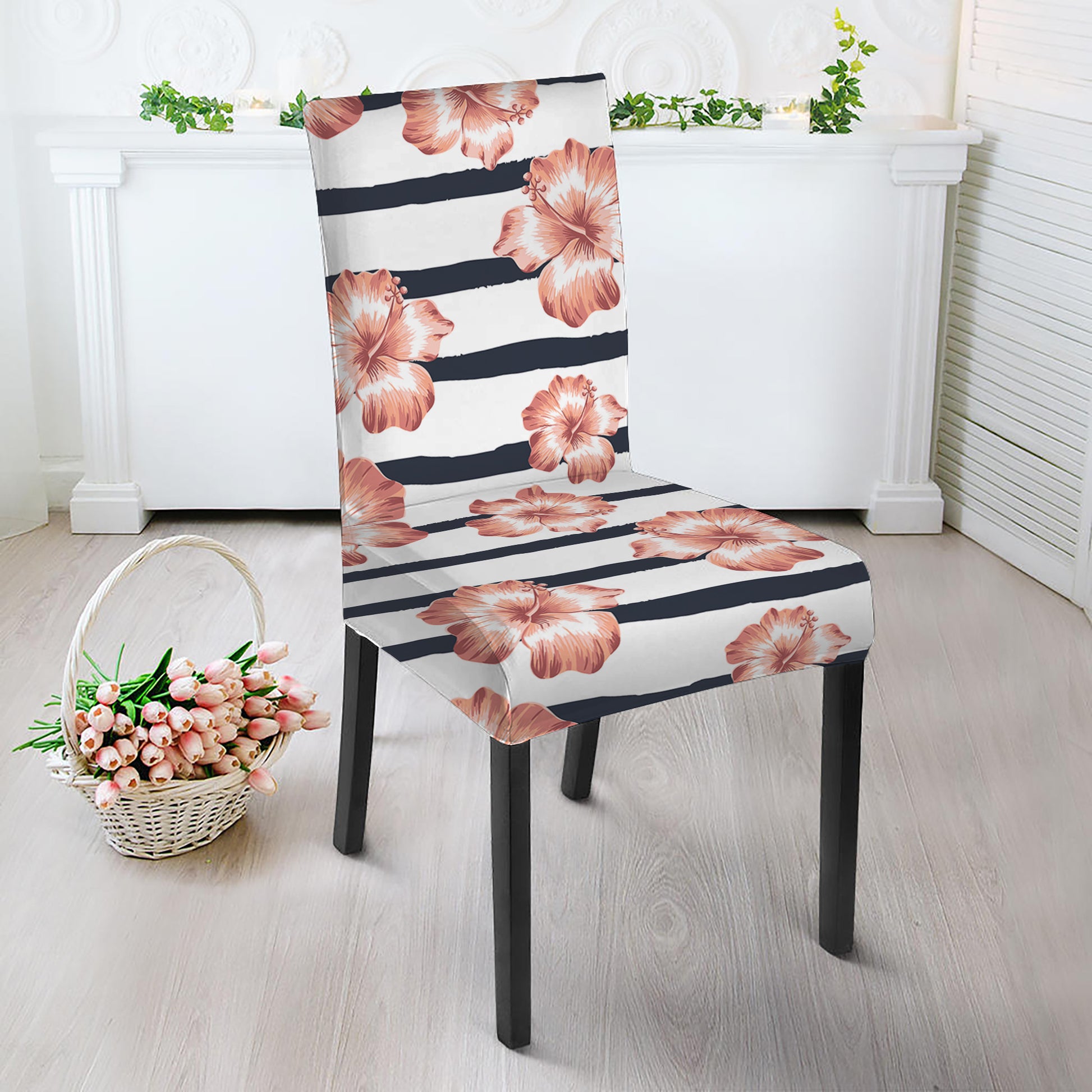 Pink Hibiscus Striped Pattern Print Dining Chair Slipcover